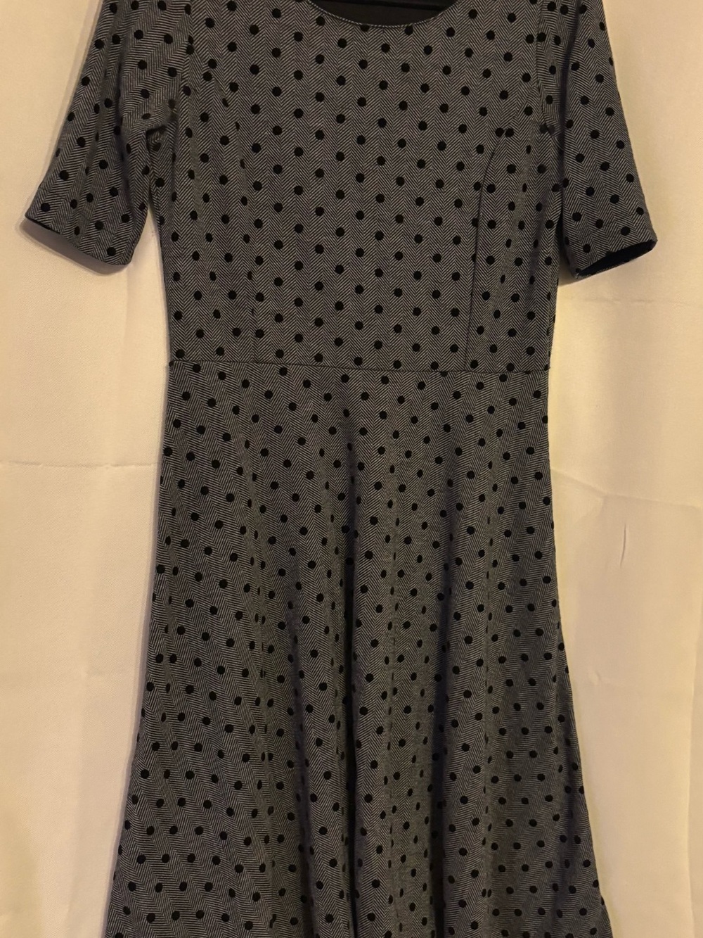 Lands' End Herringbone Textured Fit & Flare Comfy Gray Dress Black Polka Dots